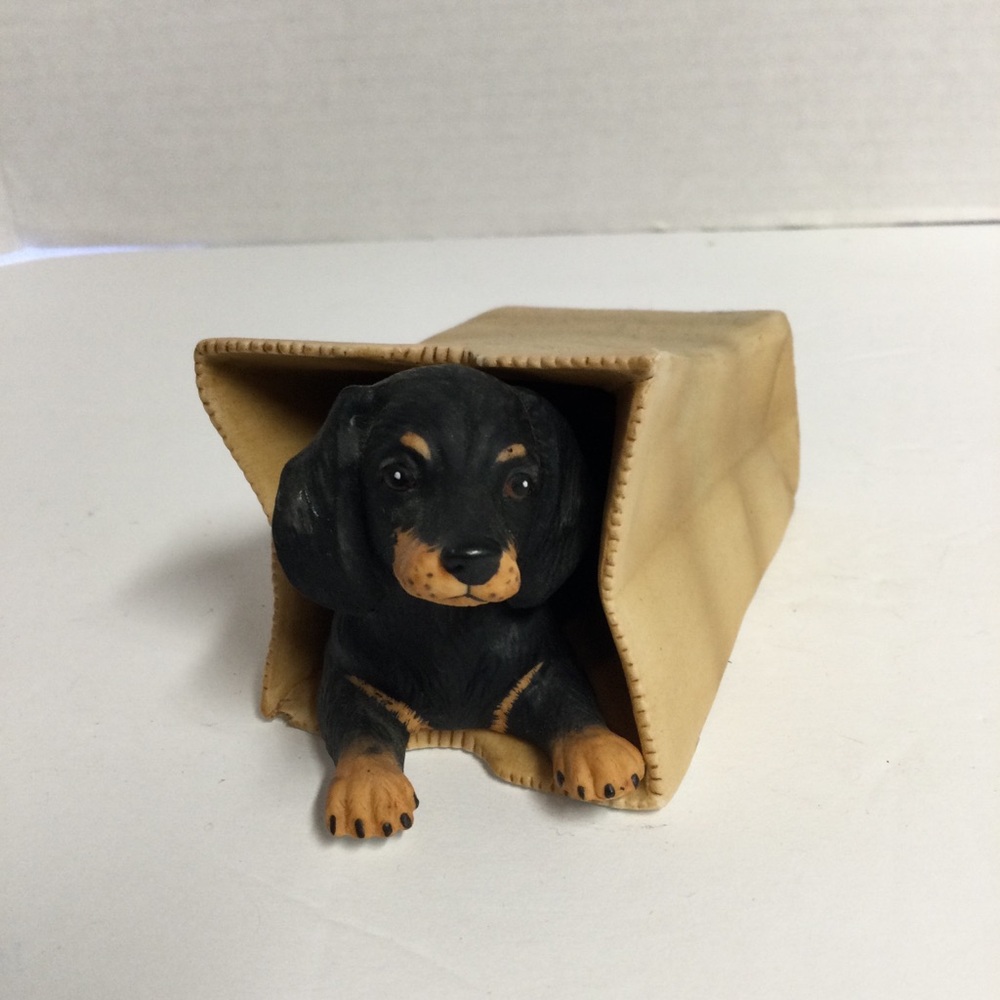 Princeton Gallery VTG Dachshund laying in Brown Paper Bag Porcelain Figurine